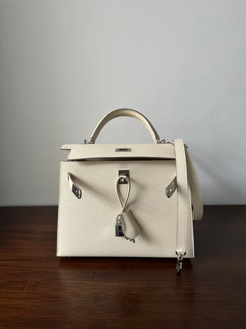 HM KELLY 25CM WHITE EPSOM SILVER HARDWARE