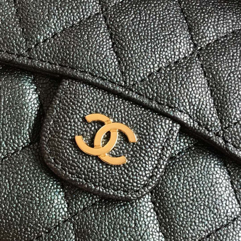 CC FLAP CARD HOLDER 11.5 BLACK GRAINED CALFSKIN WITH GOLD ICON
