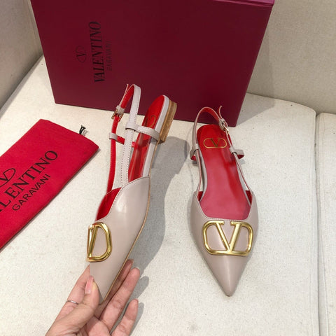 VLOGO SIGNATURE CREPE PINK CALFSKIN FLAT SLINGBACK PUMP