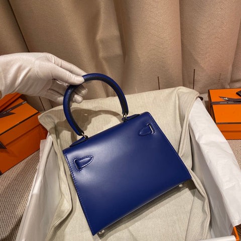 KELLY MINI 20 BAG IN NAVY BLUE SMOOTH CALFSKIN WITH SILVER HARDWARE