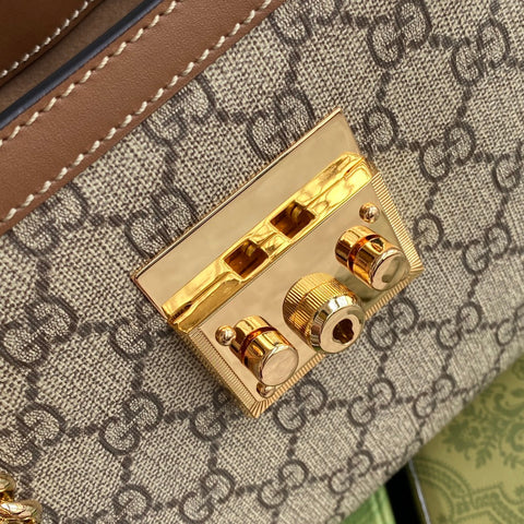 GG PADLOCK MEDIUM 26 SHOULDER BAG BEIGE CANVAS AND BROWN CALFSKIN
