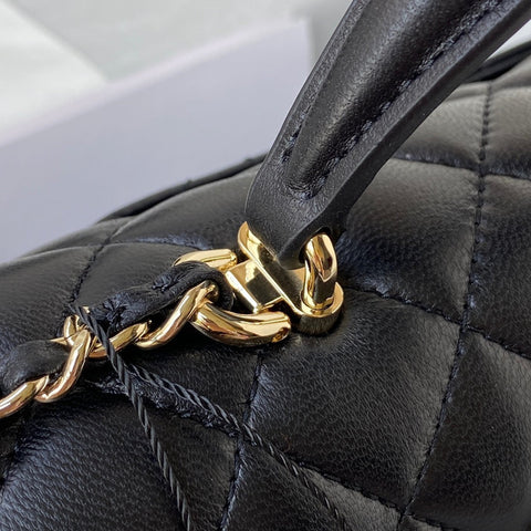 CHANEL 25S MINI FLAP BAG WITH TOP HANDLE 20 IN BLACK CALFSKIN GOLD HARDWARE