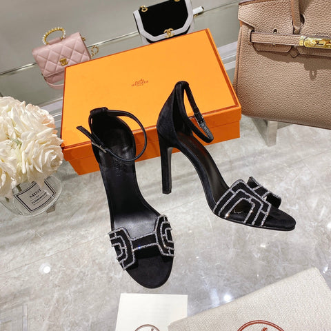 PREMIERE 105 SANDAL IN BLACK SUEDE WITH RHINSTONES