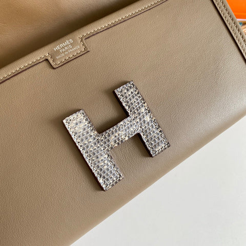 JIGE ELAN 29 CLUTCH IN CHOCOLATE BROWN CALFSKIN WITH WHTE LIZARD SKIN