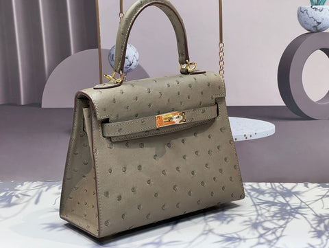 KELLY BAG 20 IN KHAKI BEIGE OSTRICH LEATHER WITH GOLD HARDWARE