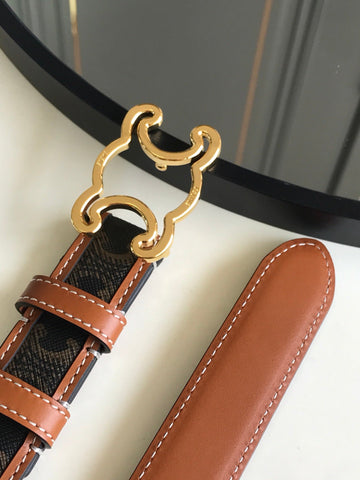 CELINE 25S BELT TRIOMPHE 25MM IN BROWN CALFSKIN AND CANVAS 559678