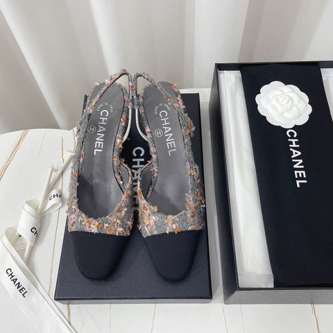 CHANEL 26S HIGH-HEEL SLINGBACKS 65 MM IN BLACK MIX GREY TWEED