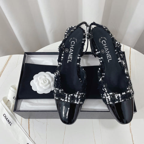 CHANEL 26S HIGH-HEEL SLINGBACKS 65 MM IN BLACK MIX WHITE TWEED