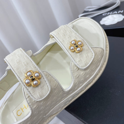 CHANEL 26S SANDALS IN CREAM WHITE TEXTURED FABRIC
