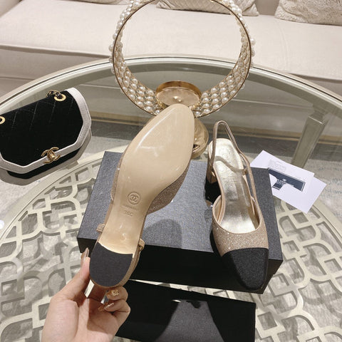 slingback 6.5 glitter beige black grosgrain