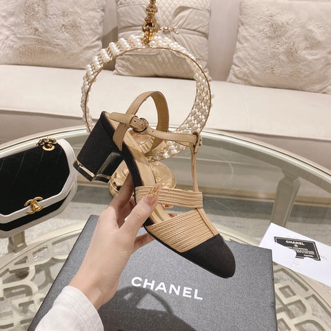 Double C  Heeled Sandals Tan Cream Lambskin