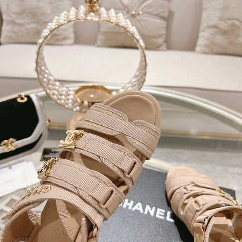 Double C  Xiaoxiang Chain Fabric Head Chunky Sandal Cream Lambskin