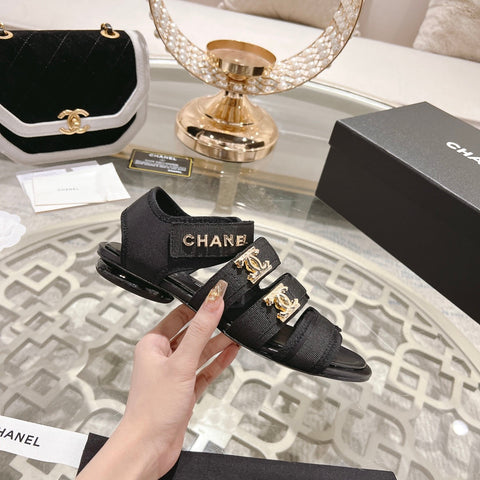 Double C  Xiaoxiang Chain Fabric Head Chunky Sandal Black Lambskin