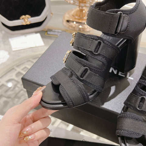 Double C  Xiaoxiang Chain Fabric Head Chunky Heel Sandals Black Lambskin