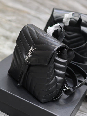 LOU BACKPACK 26 IN BLACK QUILTED CALFSKIN SILVER HARDWARE