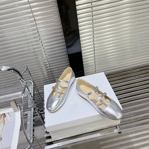 FLAT SANDALS WITH DOUBLE STRAP-DESIGN LEATHER SILVER