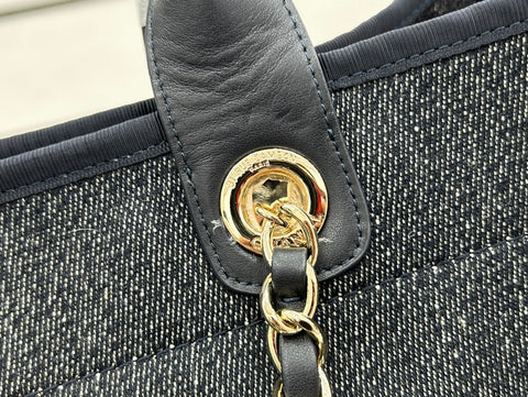 CC DEAUVILLE LARGE 38 TOTE BAG IN NAVY BLUE CANVAS WITH WHITE LOGO EMBROIDERED