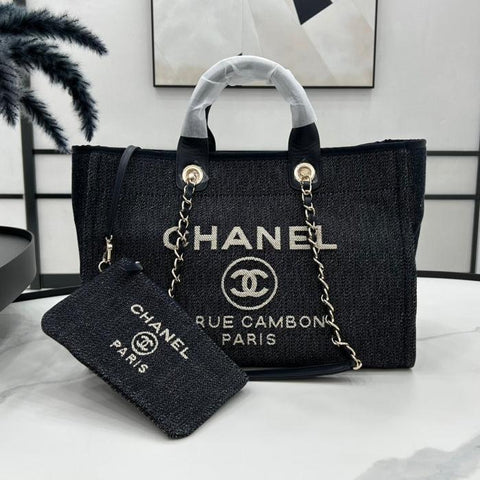 CC DEAUVILLE LARGE 38 TOTE BAG IN NAVY BLUE CANVAS WITH WHITE LOGO EMBROIDERED