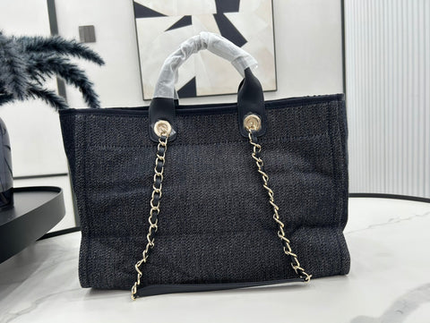 CC DEAUVILLE LARGE 38 TOTE BAG IN NAVY BLUE CANVAS WITH WHITE LOGO EMBROIDERED