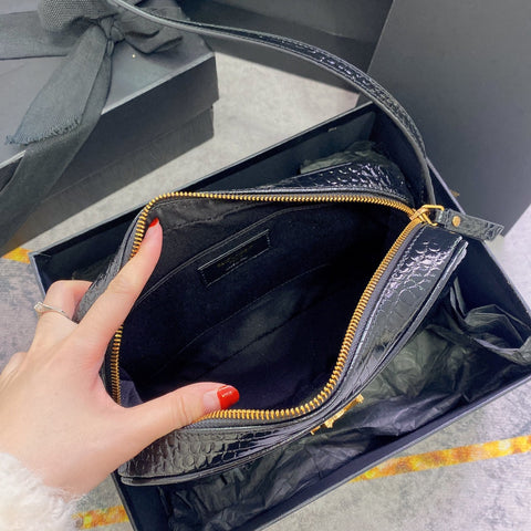 LOU CAMERA BAG 23 IN BLACK CROCODILE PATTERN CALFSKIN GOLD LOGO