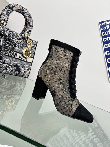 DIOR 25S NAUGHTILY-D ANKLE BOOTS 80 MM IN BLACK MESH TULLE AND SUEDE