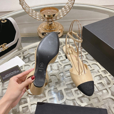 high slingbacks beige black lambskin grosgrain