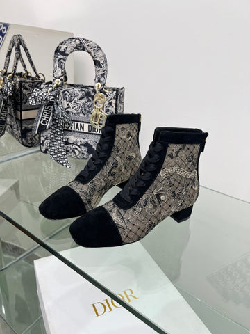 DIOR 25S NAUGHTILY-D ANKLE BOOTS 35 MM IN BLACK MESH TULLE AND SUEDE