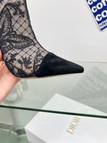 DIOR 25S POINTED-TOE ANKLE BOOTS 95 MM IN BLACK MESH TULLE AND SUEDE STYLE 1