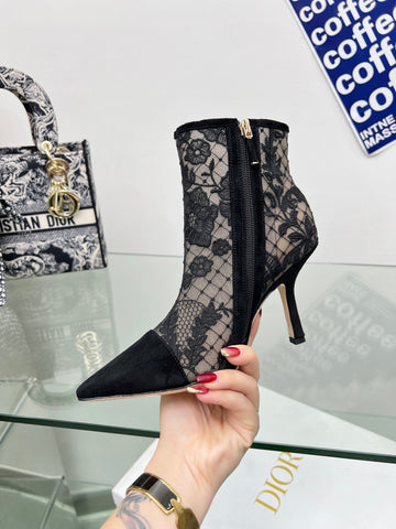 DIOR 25S POINTED-TOE ANKLE BOOTS 95 MM IN BLACK MESH TULLE AND SUEDE STYLE 1