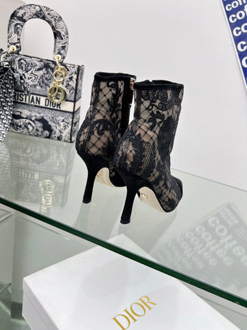 DIOR 25S POINTED-TOE ANKLE BOOTS 95 MM IN BLACK MESH TULLE AND SUEDE