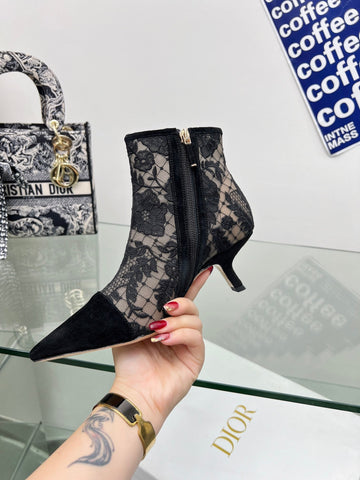 DIOR 25S POINTED-TOE ANKLE BOOTS 50 MM IN BLACK MESH TULLE AND SUEDE