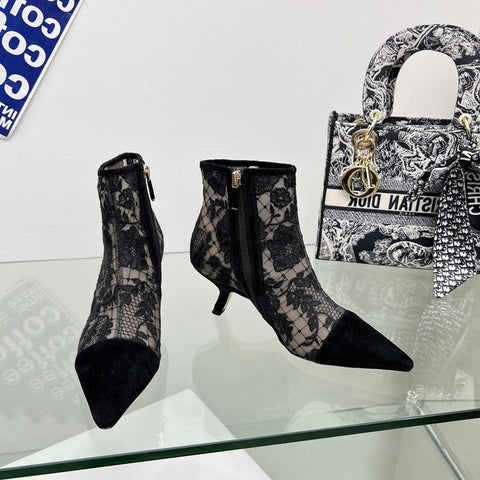 DIOR 25S POINTED-TOE ANKLE BOOTS 50 MM IN BLACK MESH TULLE AND SUEDE