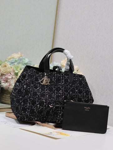 TOUJOURS BAG 37 IN BLACK MIX WHITE CANNAGE TWEED WITH GOLD HARDWARE