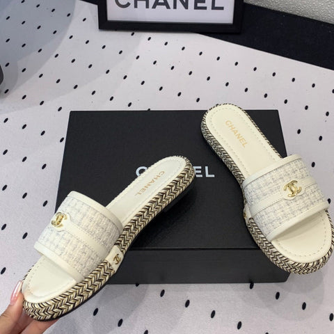 Double CC Women White Slippers Calfskin