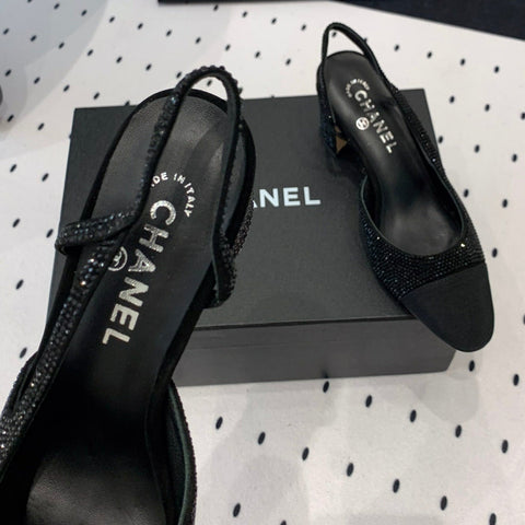 Double CC Rhinestone Slingback Sheepskin Black