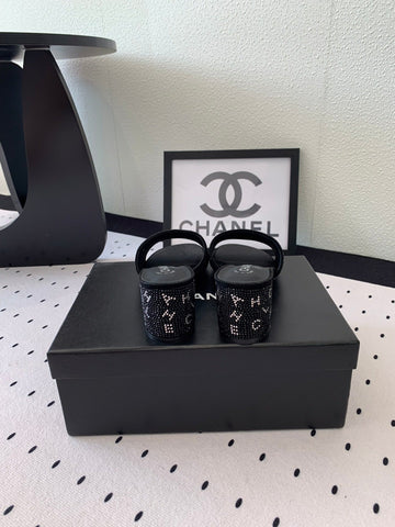CC RHINESTONE LETTER HIGH HEELS BLACK AND WHITE LAMBSKIN