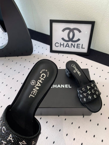 RHINESTONE LETTER HIGH HEELS BLACK LAMBSKIN