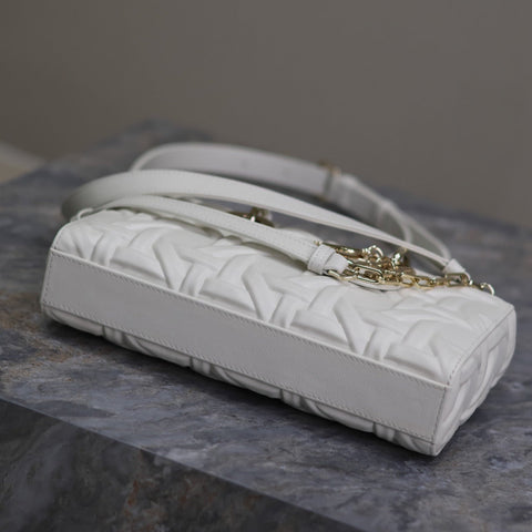 LADY D-JOY BAG 26 IN WHITE GRAPHIC CANNAGE CALFSKIN PALE GOLD-FINISH METAL CHARMS
