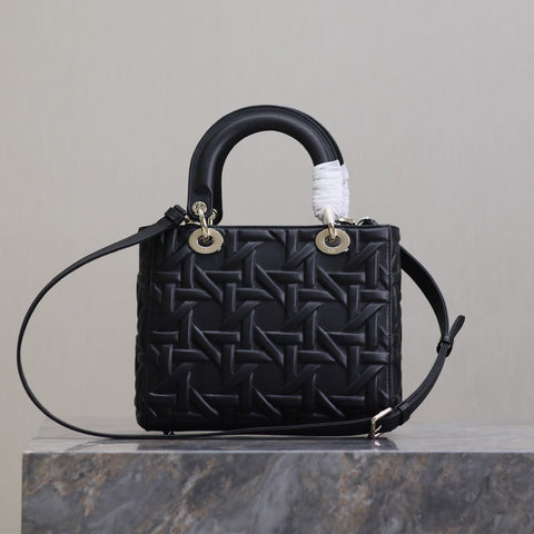LADY BAG 24 IN BLACK GRAPHIC CANNAGE CALFSKIN PALE GOLD-FINISH METAL CHARMS
