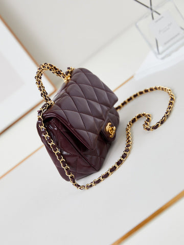 FLAP BAG WITH TOP HANDLE 18 IN WINE RED OIL-WAX LAMBSKIN GOLD HARDWARE