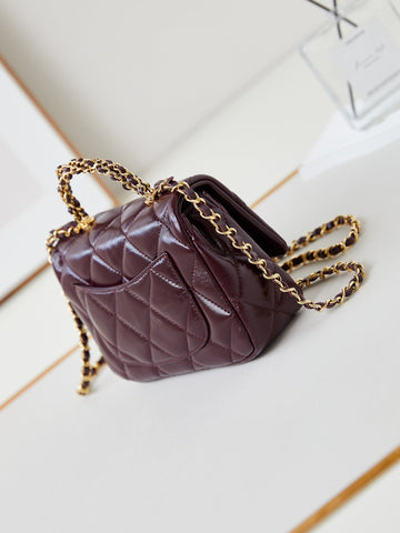 FLAP BAG WITH TOP HANDLE 18 IN WINE RED OIL-WAX LAMBSKIN GOLD HARDWARE