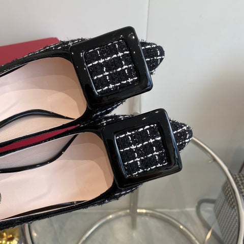 EFFLORESCENCE BALLERINAS PUMPS IN BLACK TWEED WITH FINE WHITE STRIPES EMBELLISHED CRYSTALS