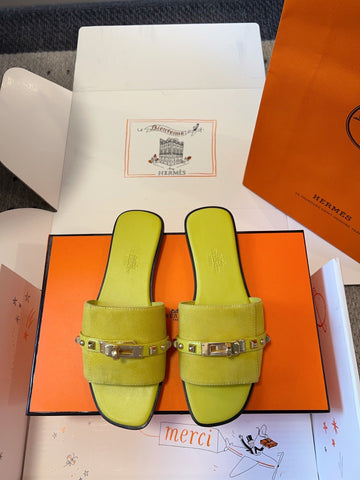 GIULIA FLAT SANDAL IN NEON YELLOW SUEDE