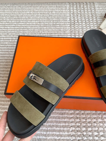 HM 26S KELLY BUCKLE DOUBLE STRAP SANDALS IN MOSS GREEN SUEDE SILVER HARDWARE