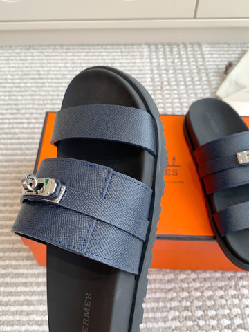 HM 26S KELLY BUCKLE DOUBLE STRAP SANDALS IN NAVY BLUE CALFSKIN SILVER HARDWARE