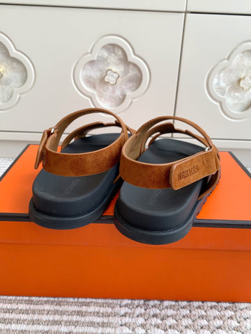 HM 26S CHYPRE SANDAL WITH BACK STRAP IN CARAMEL BROWN SUEDE
