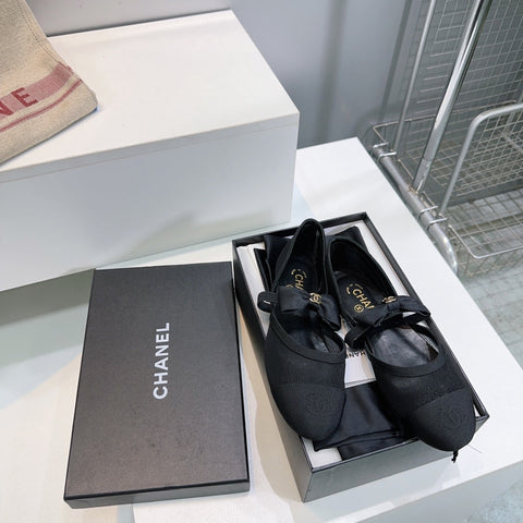 CHANEL FLAT MARY JANE SHOES 25S IN BLACK MESH FABRIC EMBOSSED LOGO WITH BOW