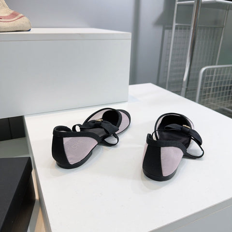 CHANEL FLAT MARY JANE SHOES 25S IN LIGHT PURPLE MIX BLACK MESH FABRIC EMBOSSED LOGO WITH BOW