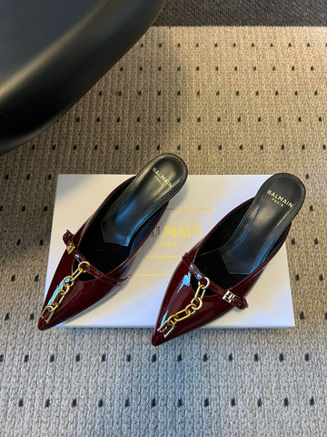 BALMAIN 26S GOLD CHAIN HIGH HEEL MULES 45 MM IN DARK RED PATENT CALFSKIN
