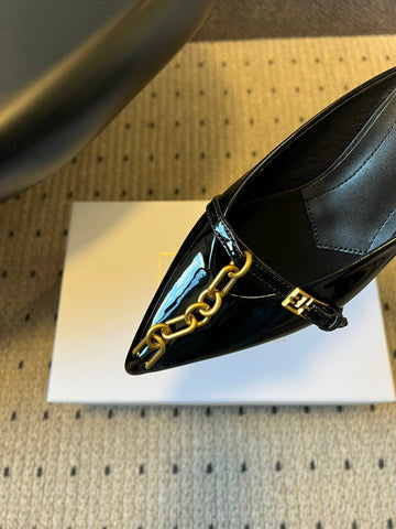 BALMAIN 26S GOLD CHAIN HIGH HEEL MULES 45 MM IN BLACK PATENT CALFSKIN